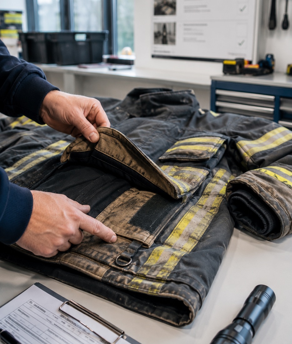 Kontaminierte Feuerwehr-Einsatzjacke vor der Aufbereitung