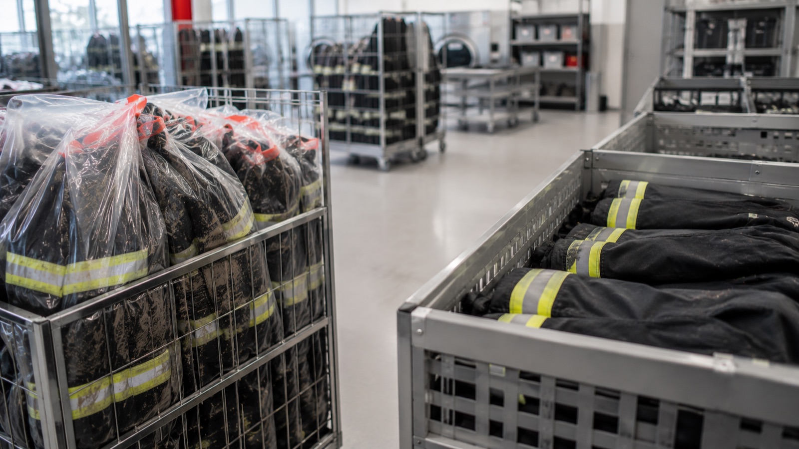 Kontaminierte Feuerwehr-Einsatzkleidung sicher verpackt zur Annahme