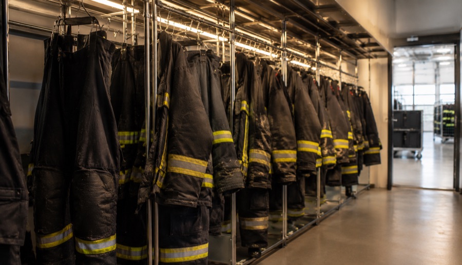 Feuerwehrschutzkleidung hängt zur schonenden Trocknung im Trockenraum der 112Wäscherei