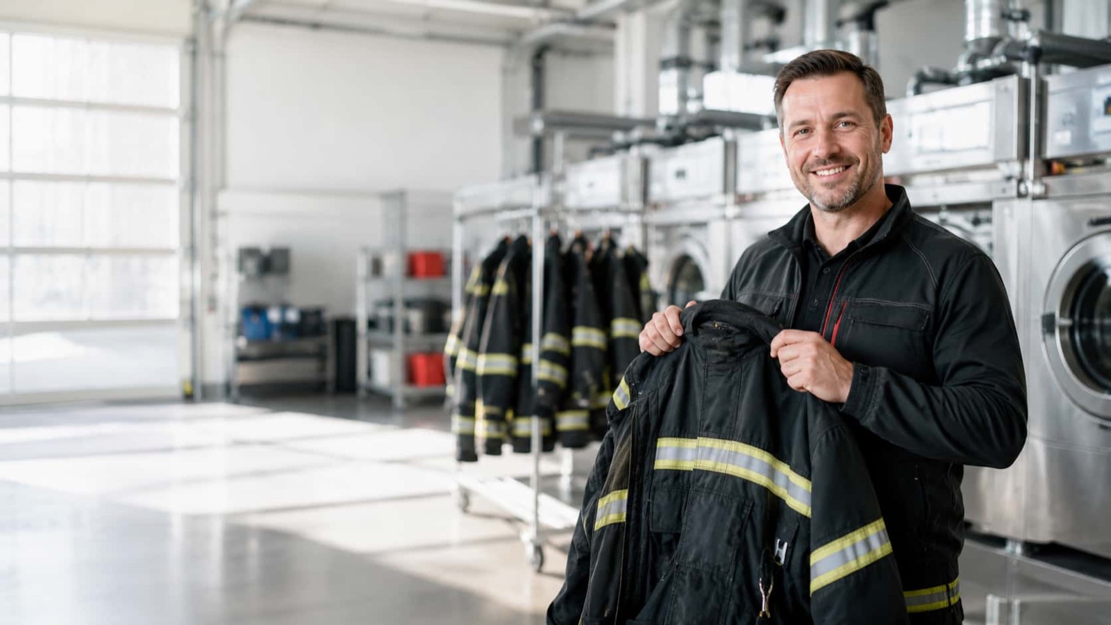 Mitarbeiter der 112Wäscherei mit aufbereiteter Feuerwehrjacke